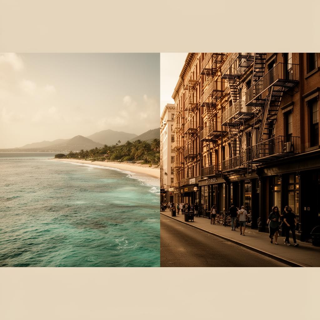 A serene Antigua coastline beside a New York City streetscape
