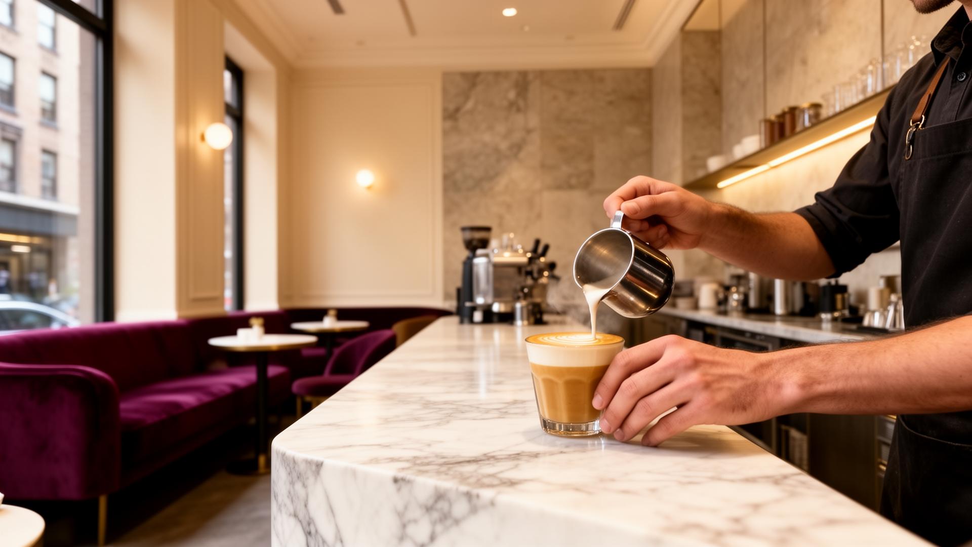 An elegant modern coffee bar with a barista crafting a latte